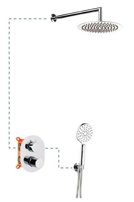 AQG Tube, душевой комплект ER211 на 2 потребителя: с круглым верхним душем 25 см и кронштейном 35 см, цвет хром