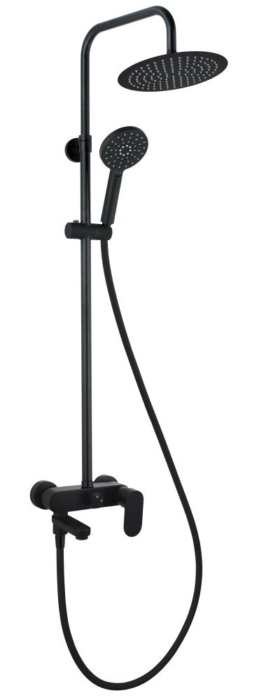 AQG, душевая колонна WIND BLU RD регулируемая по высоте 95-150 см: со складным изливом и круглым верхним душем 25 см, цвет черный матовый