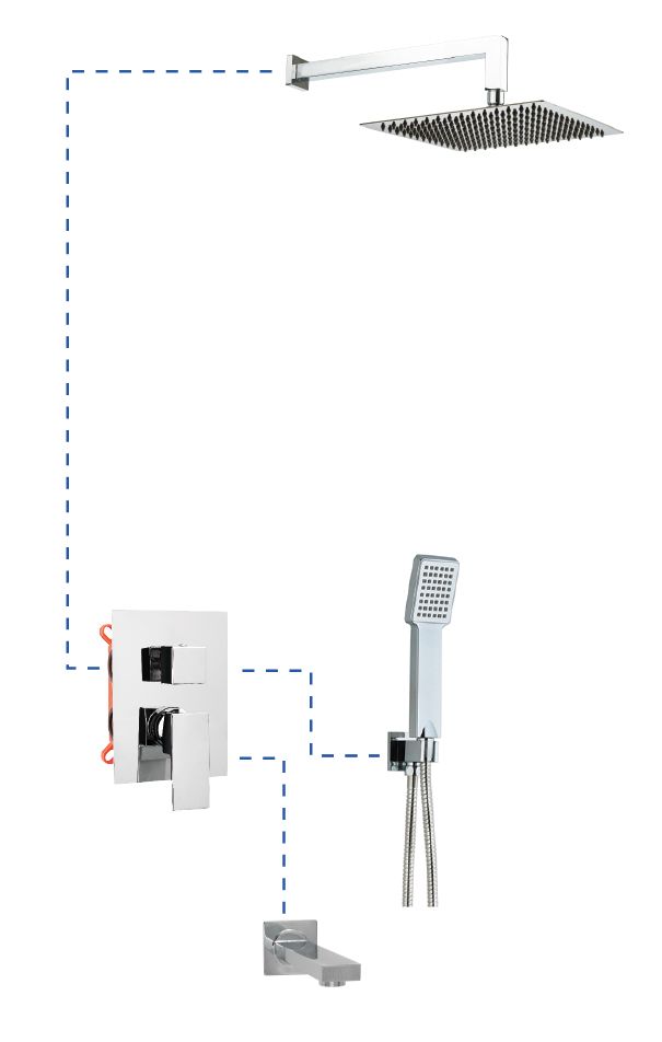 AQG Bold, душевой комплект EC316 на 3 потребителя, с квадратным изливом, с квадратным верхним душем 25х25 см и кронштейном 35 см, цвет хром