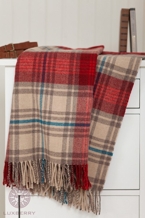 Плед шерстяной LUX 32 бежевый красный индиго